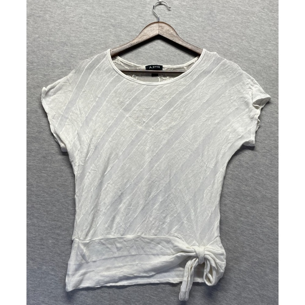 A. Byer Blouse Top Womens Medium White Rayon Lace Detail Round Neck Side Tie